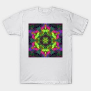 Mosaic Kaleidoscope Flower Green Pink and Purple T-Shirt